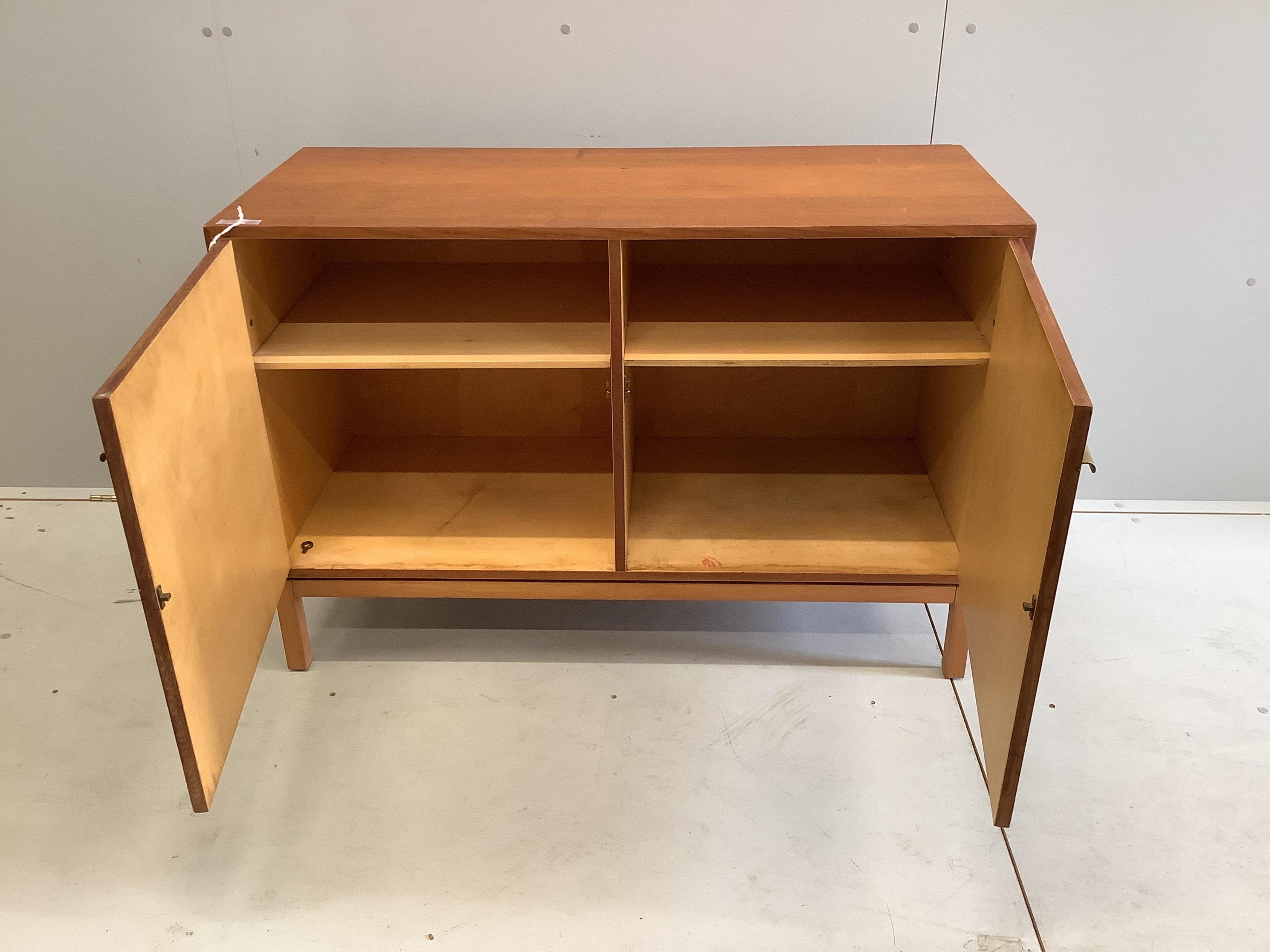 A 1950's Heal's teak side cabinet, width 107cm, depth 45cm, height 72cm. Condition - fair